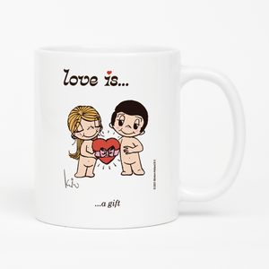 Front view: Love is... a gift personalized ceramic mug by Kim Casali. 