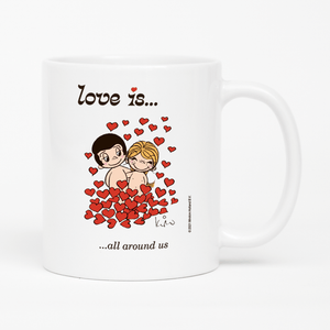 Front view: Love is... all around us personalized ceramic mug by Kim Casali. 