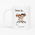 Load image into Gallery viewer, Love is... all you need  personalized ceramic mug by Kim Casali. 
