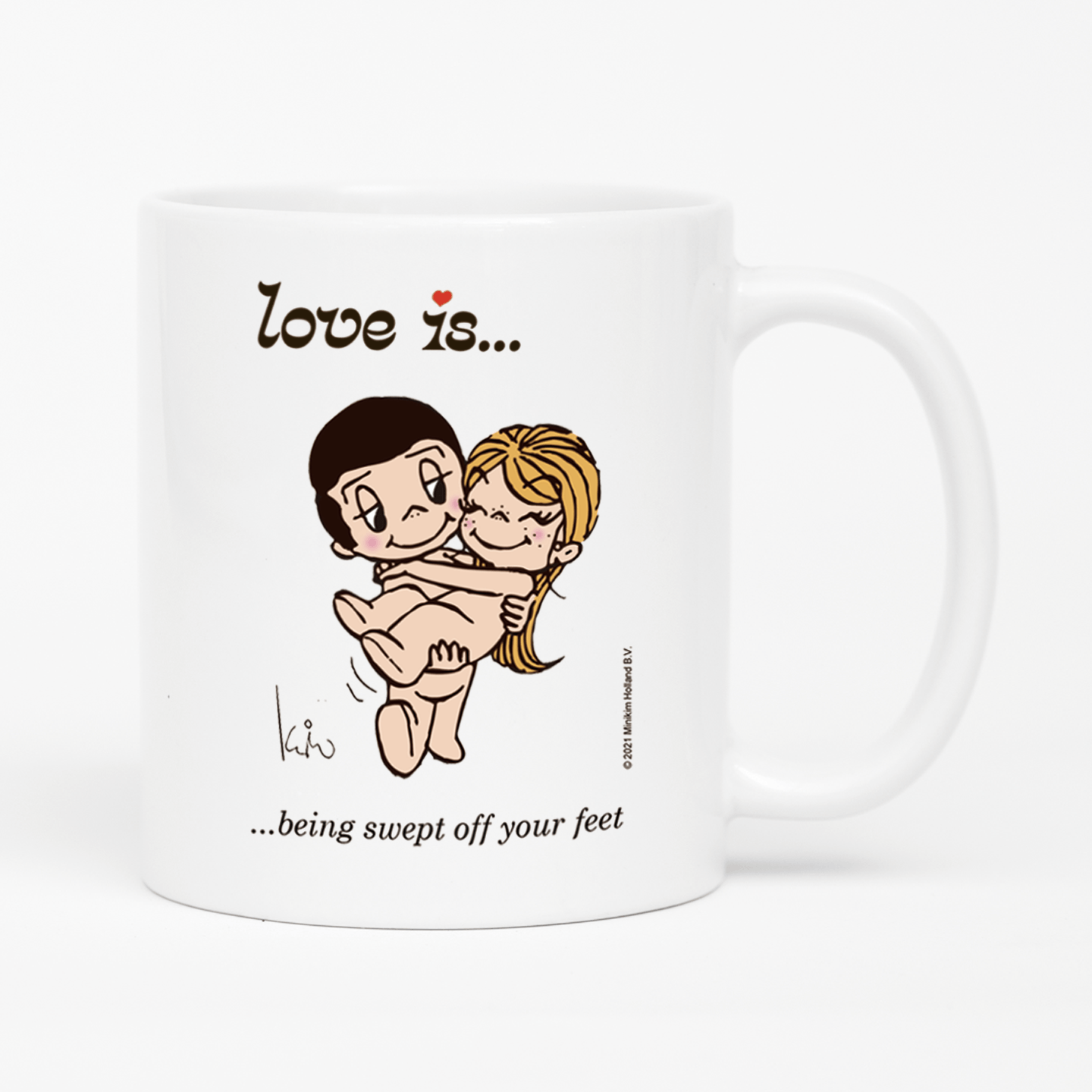 Front view: Love is... being swept off your feet  personalized ceramic mug by Kim Casali. 