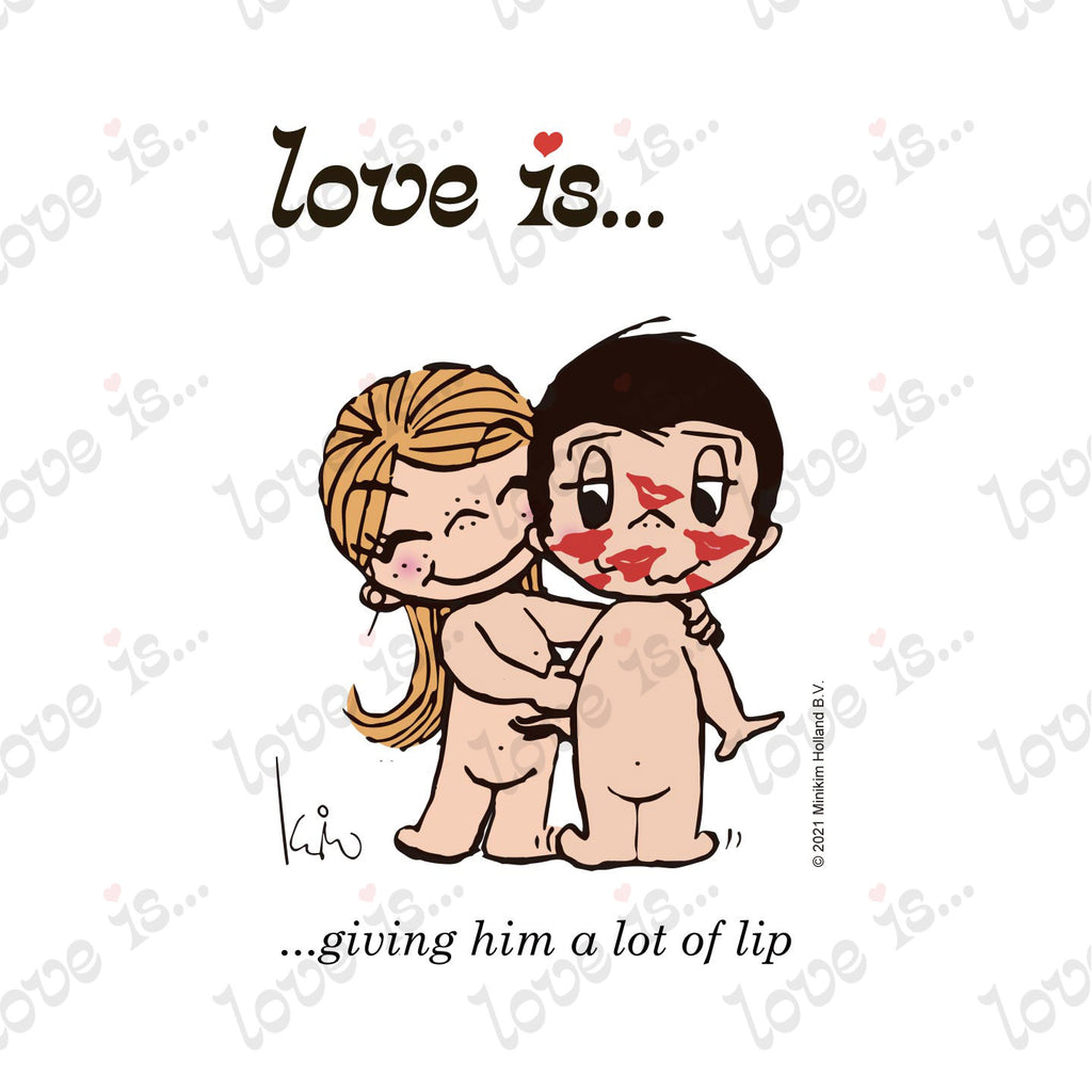 Love is... giving him a lot of lip kisses personalized poster art print by Kim Casali. 