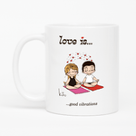 Load image into Gallery viewer, Love is... good vibrations  personalized ceramic mug by Kim Casali. 
