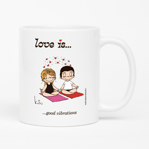 Front view: Love is... good vibrations  personalized ceramic mug by Kim Casali. 