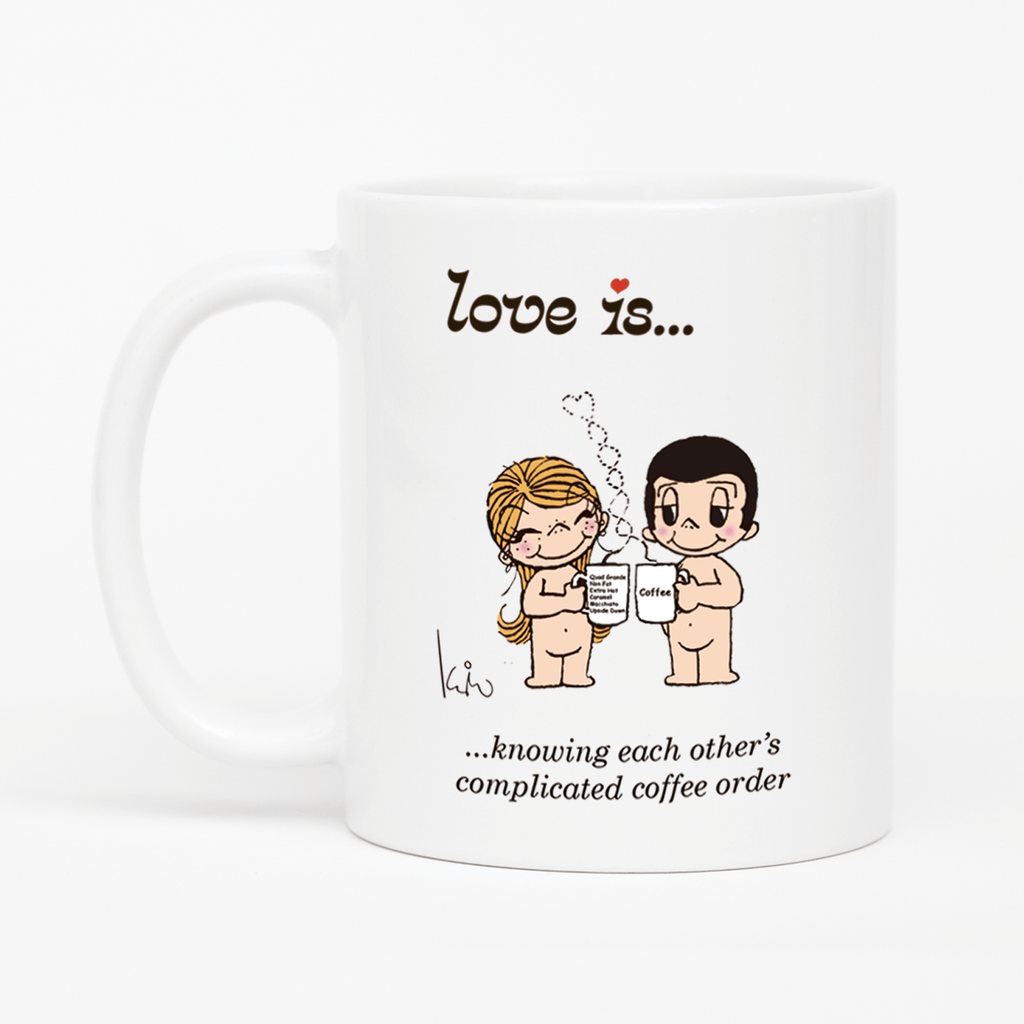 Love is... knowing each other's complicated coffee  personalized ceramic mug by Kim Casali. 