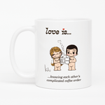 Load image into Gallery viewer, Love is... knowing each other's complicated coffee  personalized ceramic mug by Kim Casali. 
