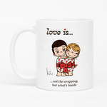 Load image into Gallery viewer, Love is... not the wrapping, but what&#39;s inside  personalized ceramic mug by Kim Casali. 
