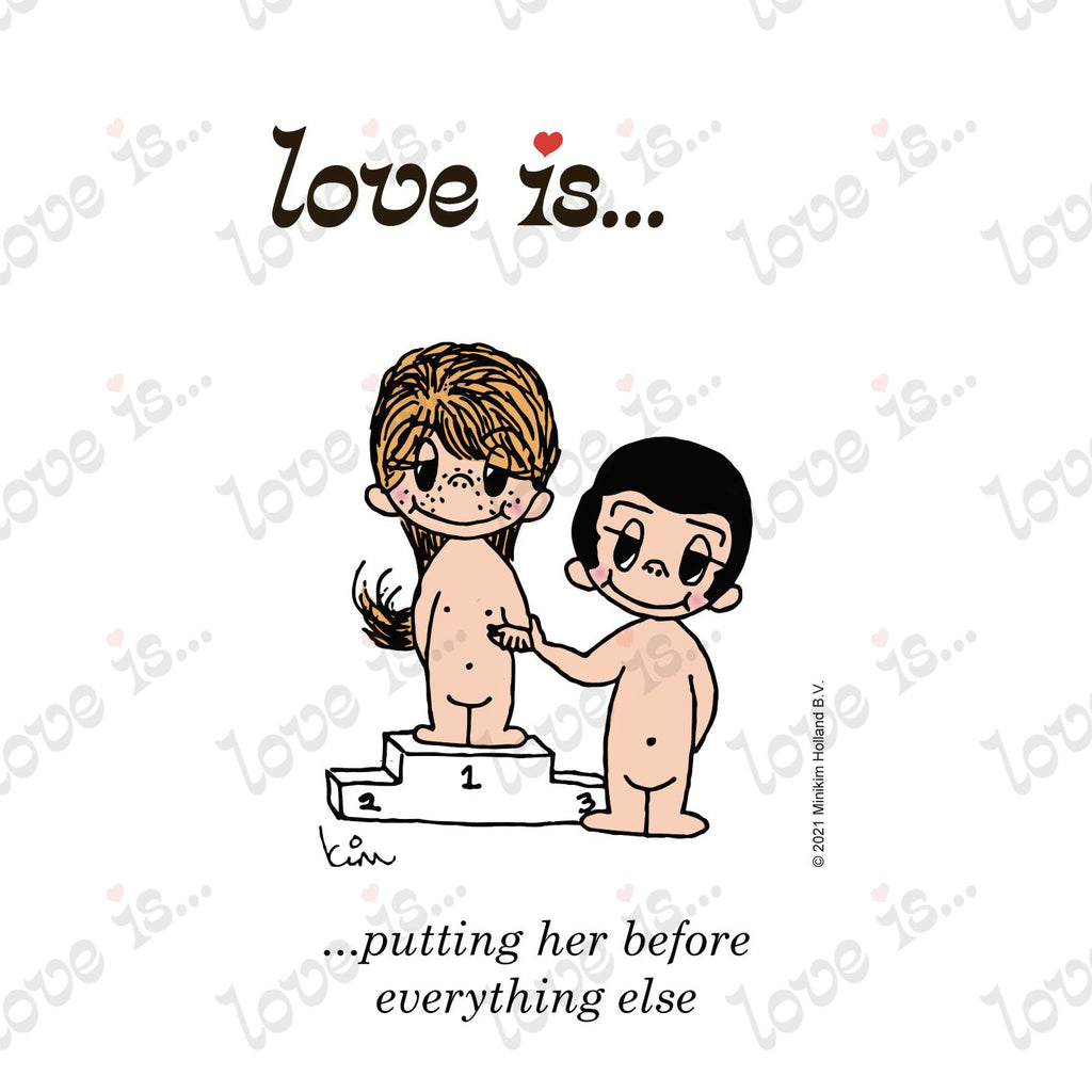 Love is... putting her before everything else personalized poster art print featuring Kim Casali's original 1970s artwork