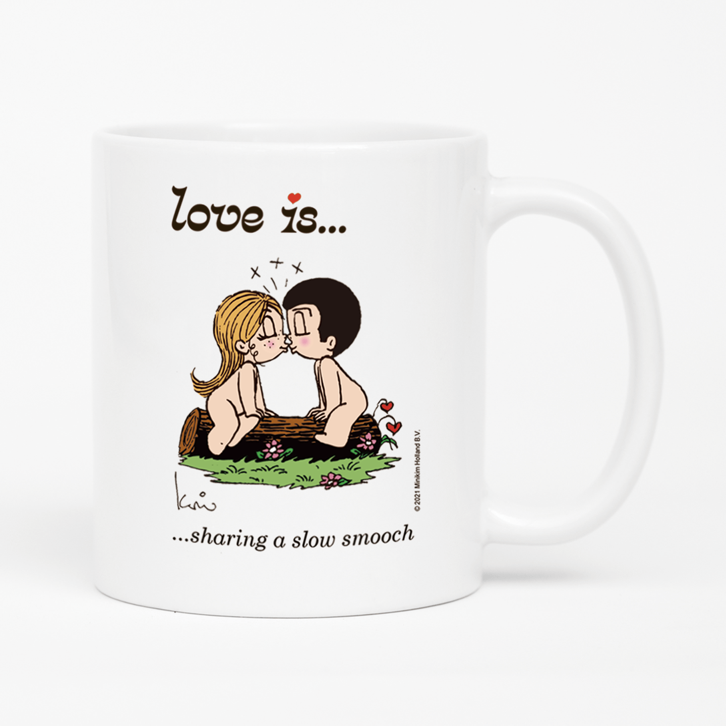 Front view: Love is... sharing a slow smooch  personalized ceramic mug by Kim Casali. 
