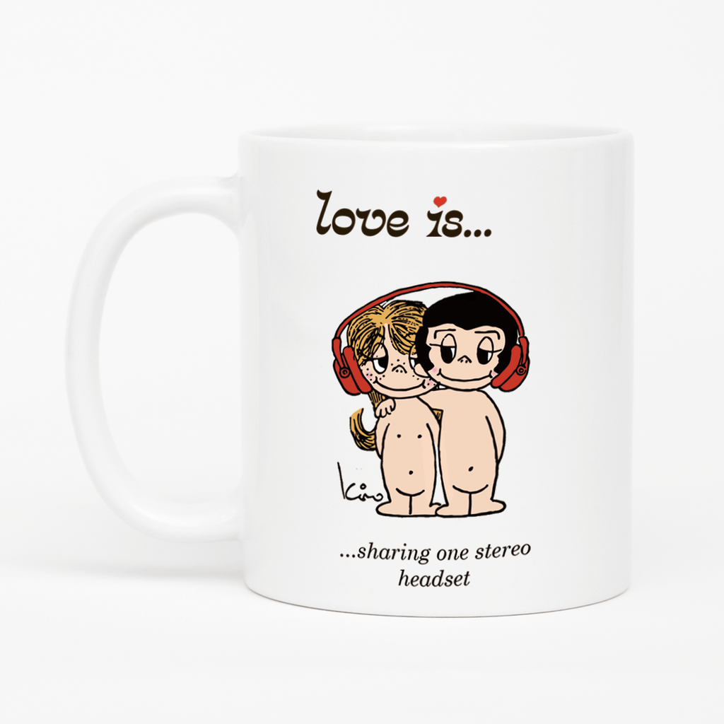 Love is... sharing one stereo headset  personalized ceramic mug by Kim Casali. 
