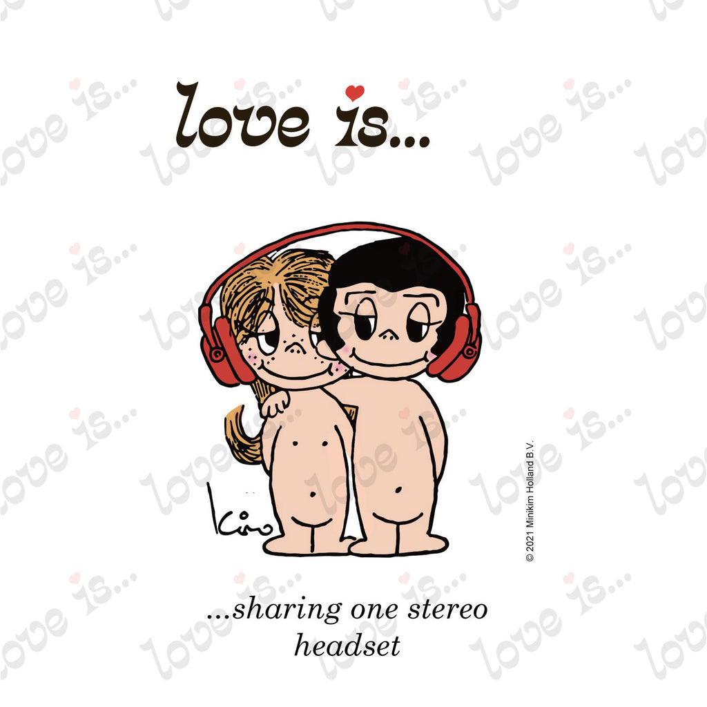 Love is... sharing one stereo headset personalized poster art print featuring Kim Casali's original 1970s vintage artwork