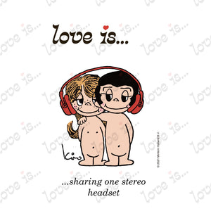 Love is... sharing one stereo headset personalized poster art print featuring Kim Casali's original 1970s vintage artwork