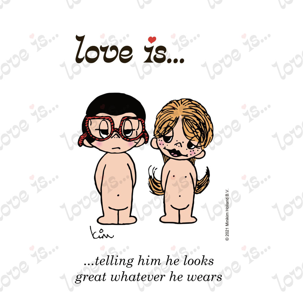 Love is... telling him he looks great whatever he wears personalized poster art print featuring Kim Casali's original 1970s vintage artwork.