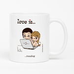 Load image into Gallery viewer, Front view: Love is... the secret ingredient personalized ceramic mug by Kim Casali.
