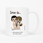 Load image into Gallery viewer, Front view: Love is... two straws in the ice cream soda personalized ceramic mug by Kim Casali.
