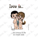 Load image into Gallery viewer, Love is... two straws in the ice cream soda personalized poster art print featuring Kim Casali&#39;s original 1970s vintage artwork.
