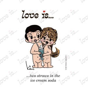 Love is... two straws in the ice cream soda personalized poster art print featuring Kim Casali's original 1970s vintage artwork.