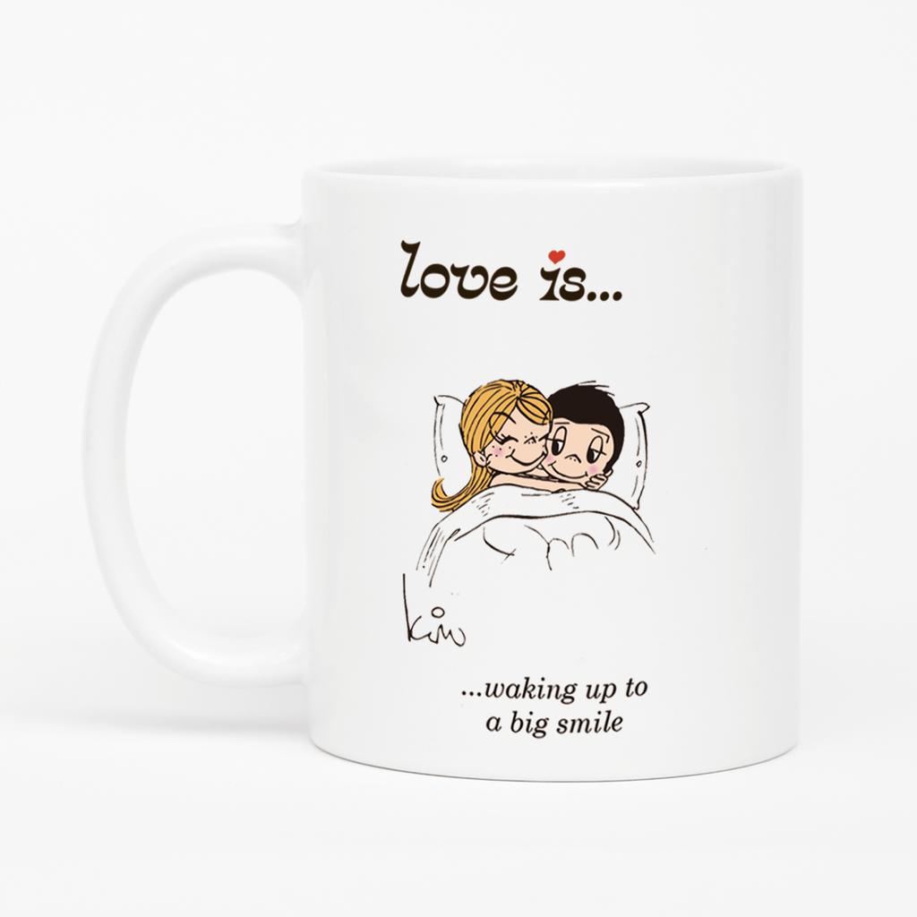 Love is... waking up to a big smile  personalized ceramic mug by Kim Casali. 