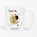 Load image into Gallery viewer, Front view: Love is... wanting to give her the moon and stars personalized ceramic mug by Kim Casali.
