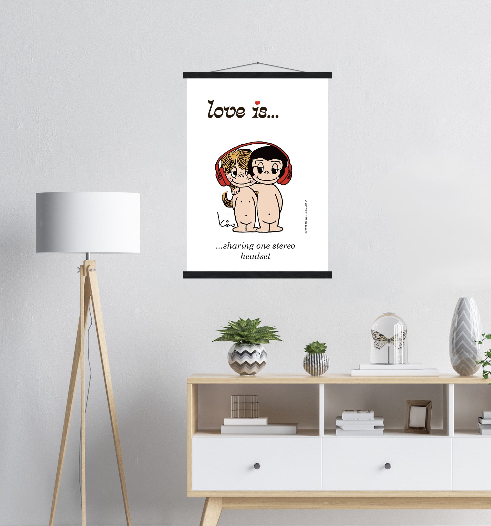 LOVE IS... SHARING ONE STEREO HEADSET VINTAGE ART PRINT